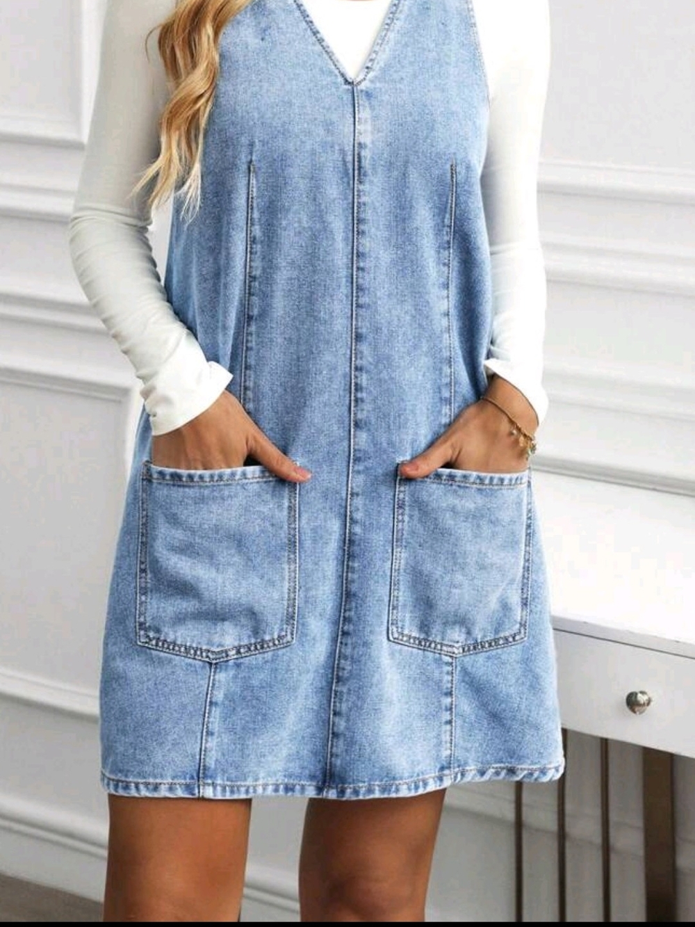 Denim Pocket A-Line Dress in Light Blue